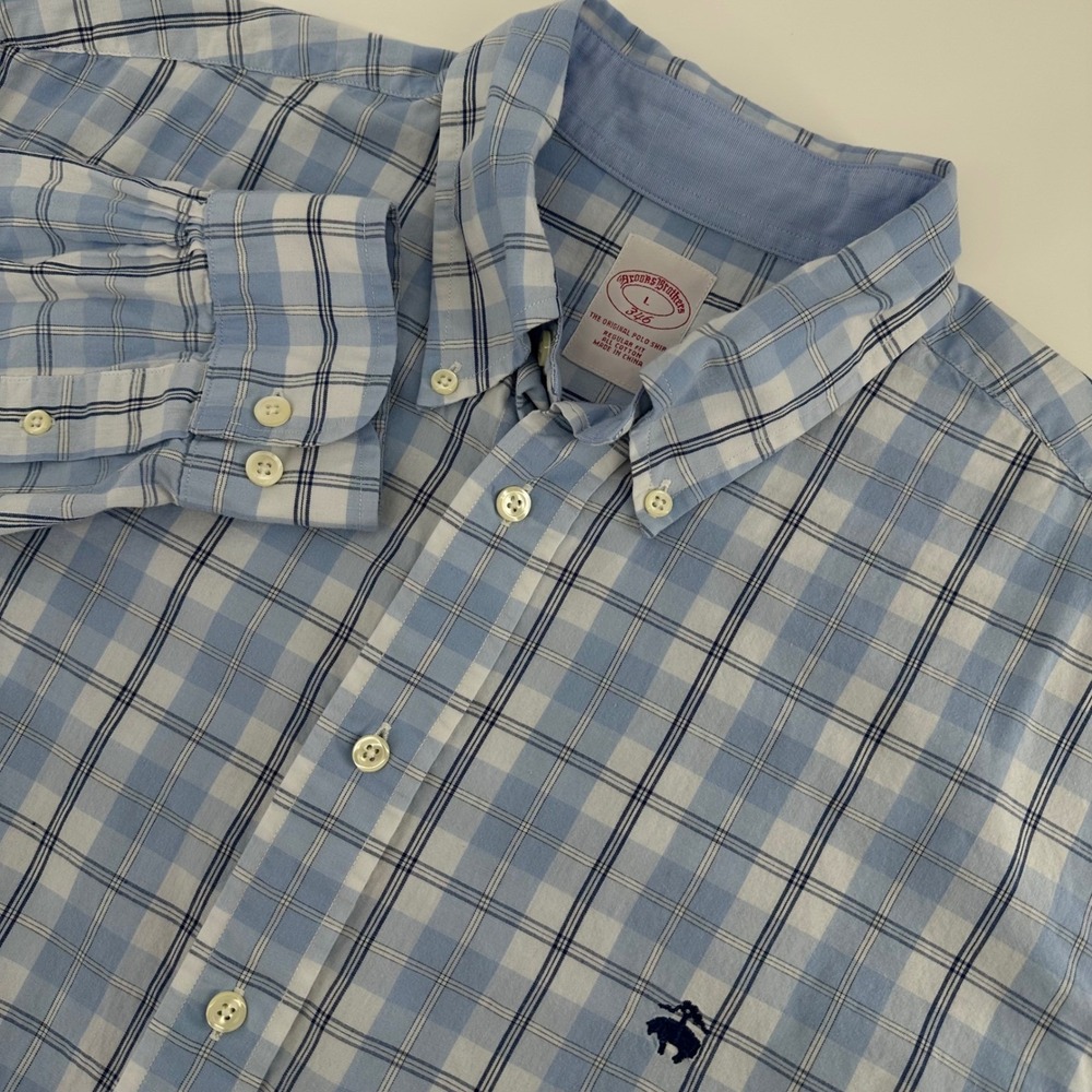 Brooks Brothers Shirt Mens L Blue Plaid 346 Regular Fit Cotton Button Down